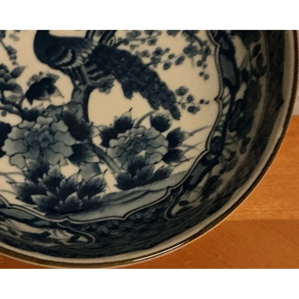 Vintage Blue and White Serving Bowl Made in Japan Peacock w/Cherry Blossoms 8.5